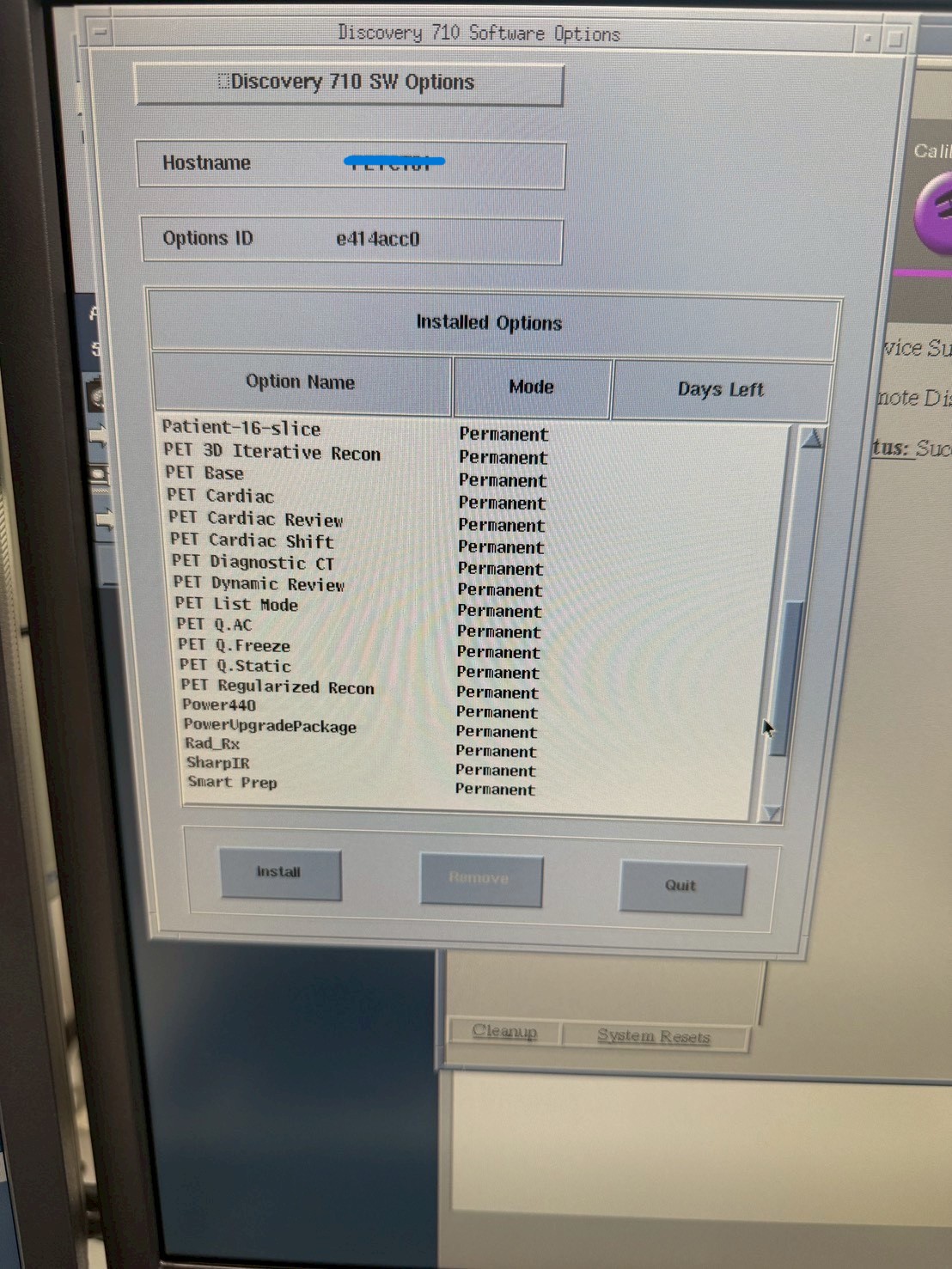 GE Discovery 710 installed software options — PET 3D Iterative Recon, PET Base, PET Cardiac, PET Cardiac Review, PET Cardiac Shift, PET Diagnostic CT, PET Dynamic Review, PET List Mode, PET Q.AC, PET Q.Freeze, PET Q.Static, PET Regularized Recon, Power440, Rad_Rx, SharpIR, Smart Prep