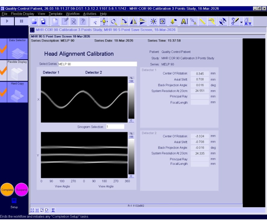 Siemens Symbia Evo Excel console screenshot — Head Alignment Calibration showing center of rotation and axial shift for Detector 1 and Detector 2, 18 March 2026