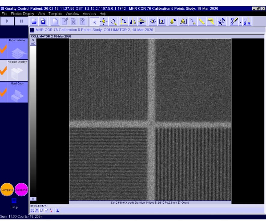 Siemens Symbia Evo Excel console screenshot — four-quadrant bar phantom spatial resolution acquisition on collimator 2, 18 March 2026