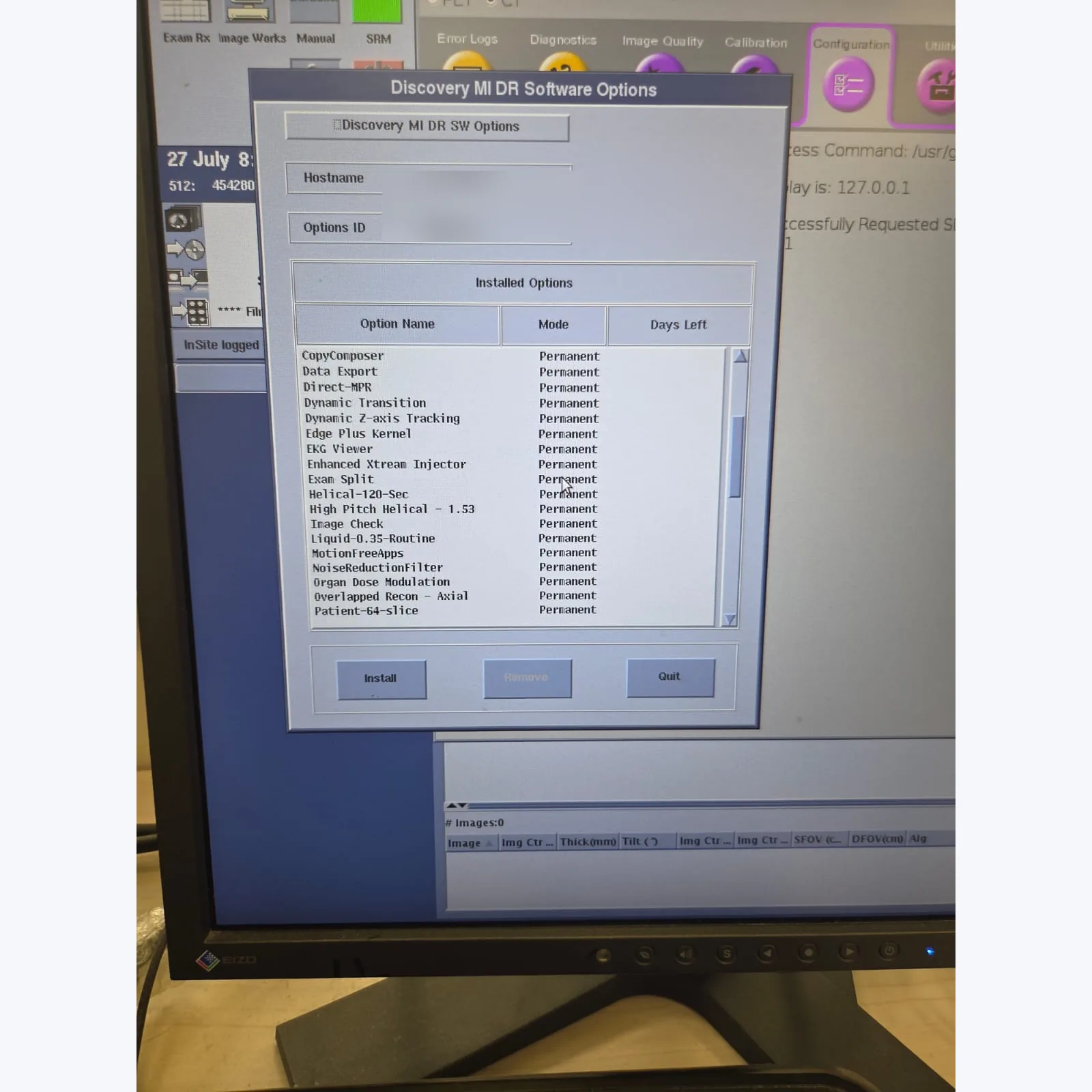 GE Discovery MI DR Installed Software Options screen — permanent licenses including CopyComposer, Data Export, Direct-MPR, MotionFreeApps and CT options