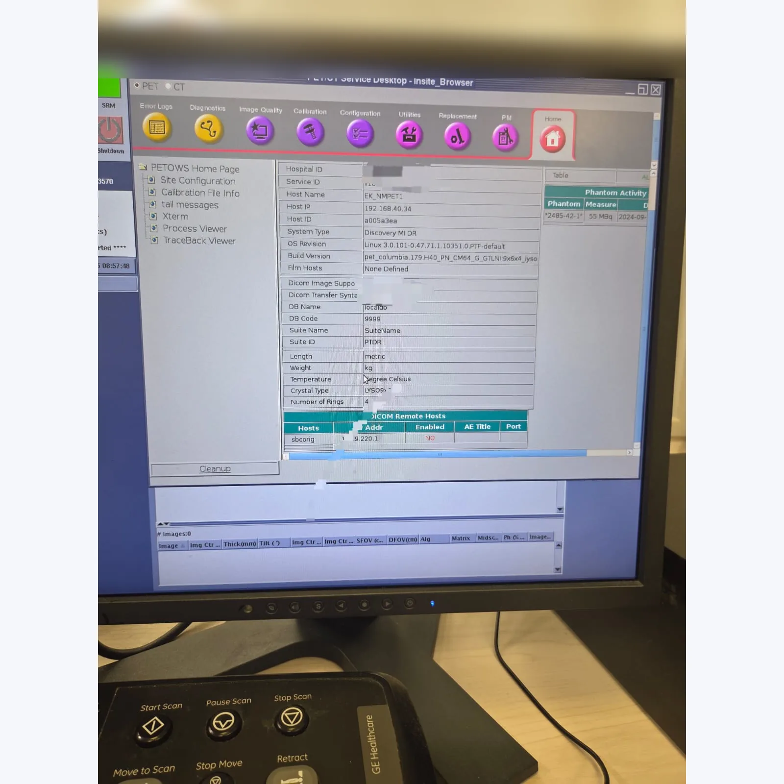 GE Discovery MI DR System Information service screen — verified Discovery MI DR system identification and software build evidence