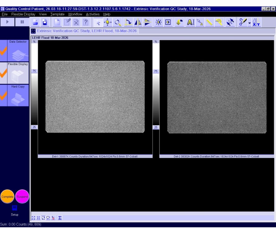 Siemens Symbia Evo Excel console screenshot — extrinsic LEHR flood verification QC showing uniform flood fields on both detectors, 18 March 2026
