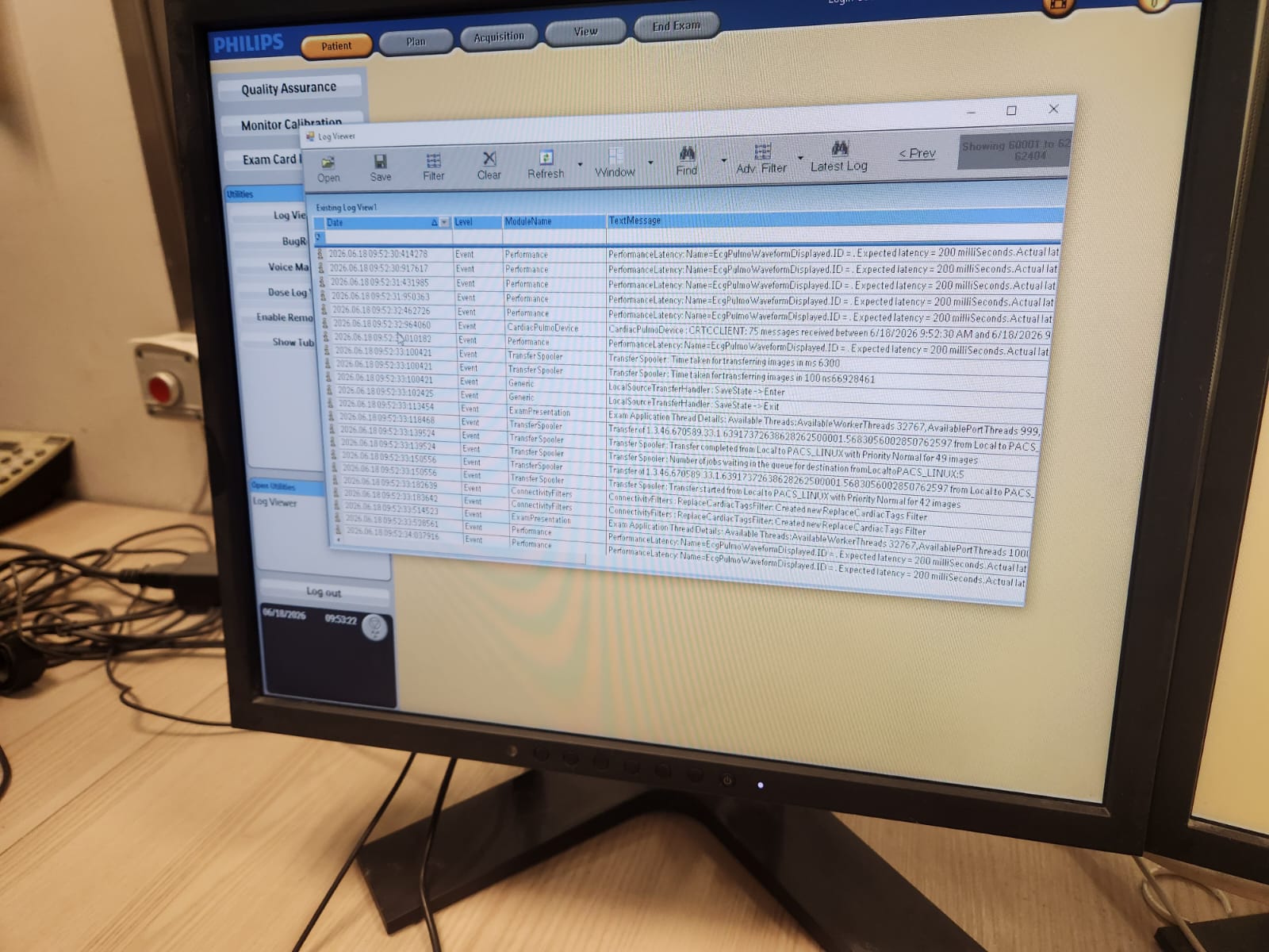 Philips Brilliance iCT 256 system log viewer showing performance, transfer spooler and connectivity events