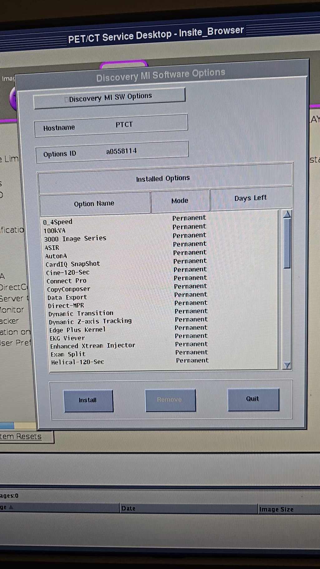 GE Discovery MI Software Options panel showing permanent licenses for ASIR, AutomA, CardIQ SnapShot, Edge Plus Kernel and Enhanced Xtream Injector