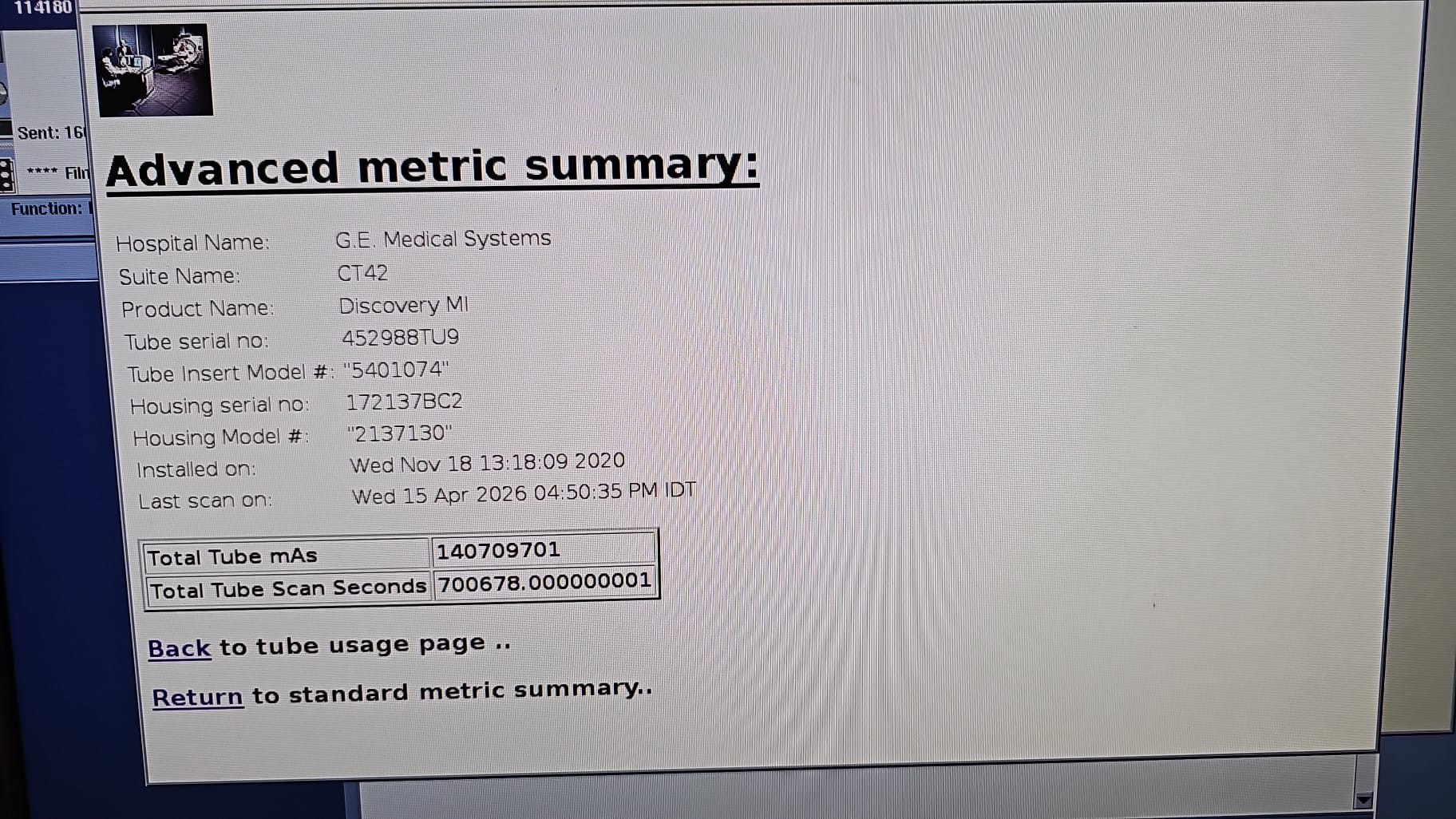 GE Discovery MI advanced metric summary — Performix 40 Plus tube installed November 2020, 140,709,701 total tube mAs, 700,678 scan seconds