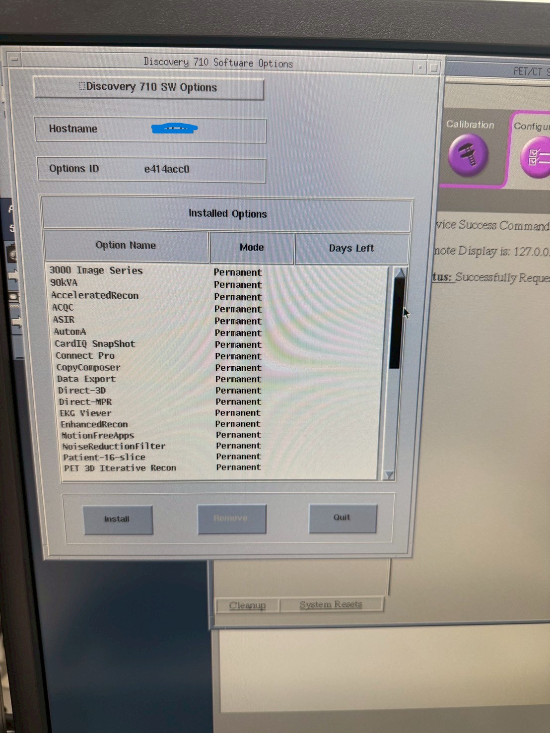 GE Discovery 710 installed software options — 3000 Image Series, 90kVA, AcceleratedRecon, ACQC, ASIR, AutomA, CardIQ SnapShot, Connect Pro, Direct-3D, Direct-MPR, EKG Viewer, EnhancedRecon, MotionFreeApps, Patient-16-slice