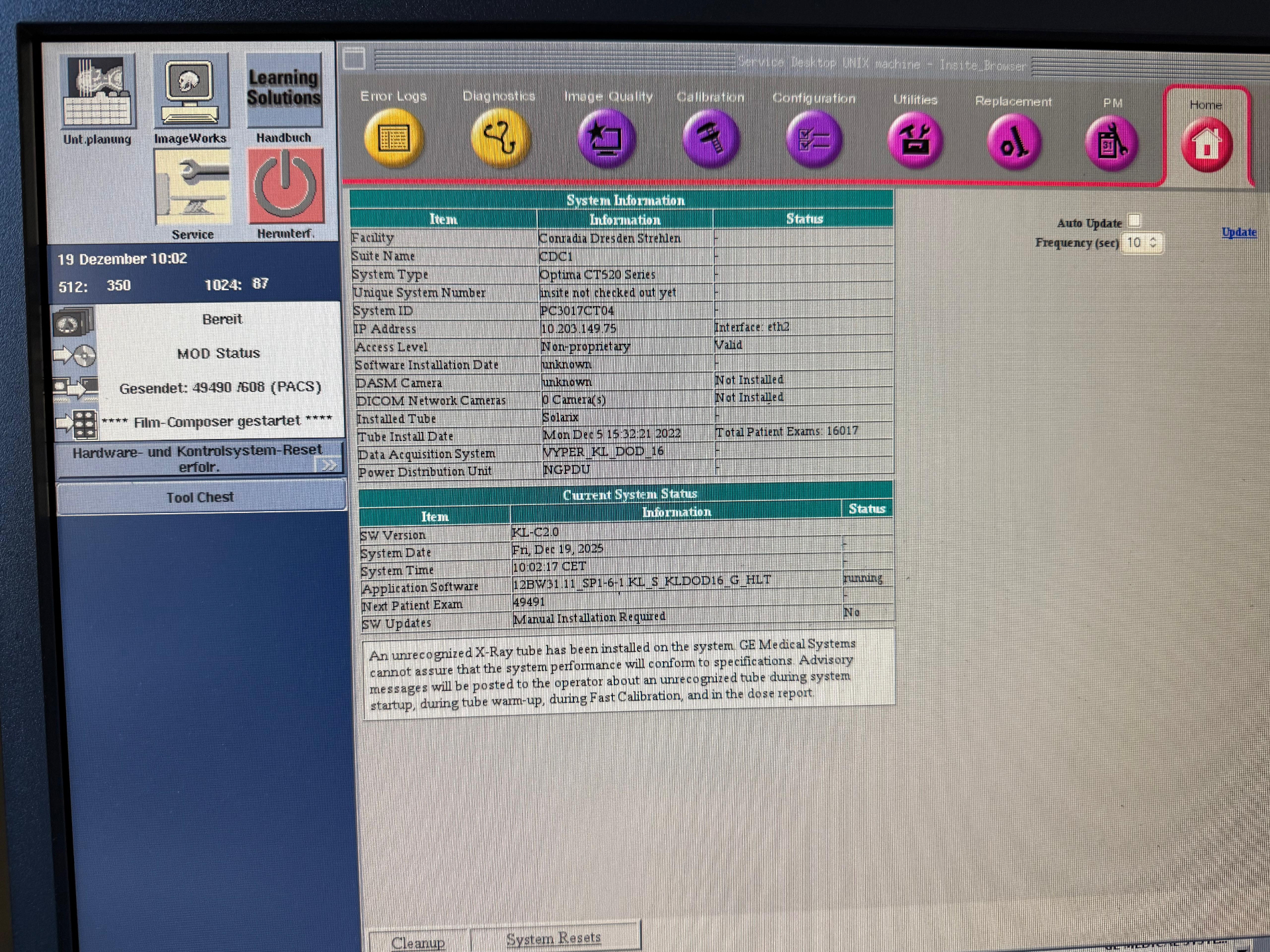 GE Optima CT520 service console showing System Information — Optima CT520 Series, Installed Tube Solarix, Tube Install Date Dec 5 2022, Total Patient Exams 16,017