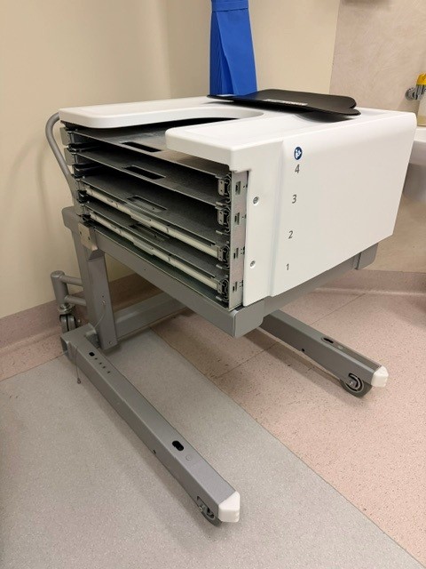 Siemens Symbia Evo Excel four-position collimator storage and exchange cart with LEHR, medium energy and pinhole collimators