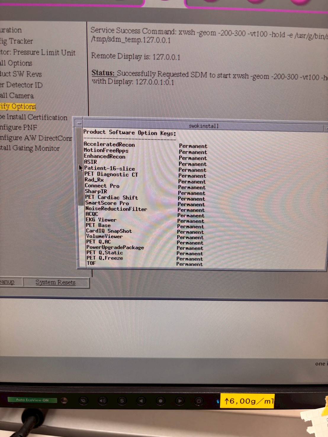 GE Discovery 710 product software option keys — AcceleratedRecon, MotionFreeApps, EnhancedRecon, ASIR, Patient-16-slice, PET Diagnostic CT, Rad_Rx, Connect Pro, SharpIR, PET Cardiac Shift, SmartScore Pro, NoiseReductionFilter, ACQC, EKG Viewer, PET Base, CardIQ SnapShot, VolumeViewer, PET Q.AC, PowerUpgradePackage, PET Q.Static, PET Q.Freeze, TOF