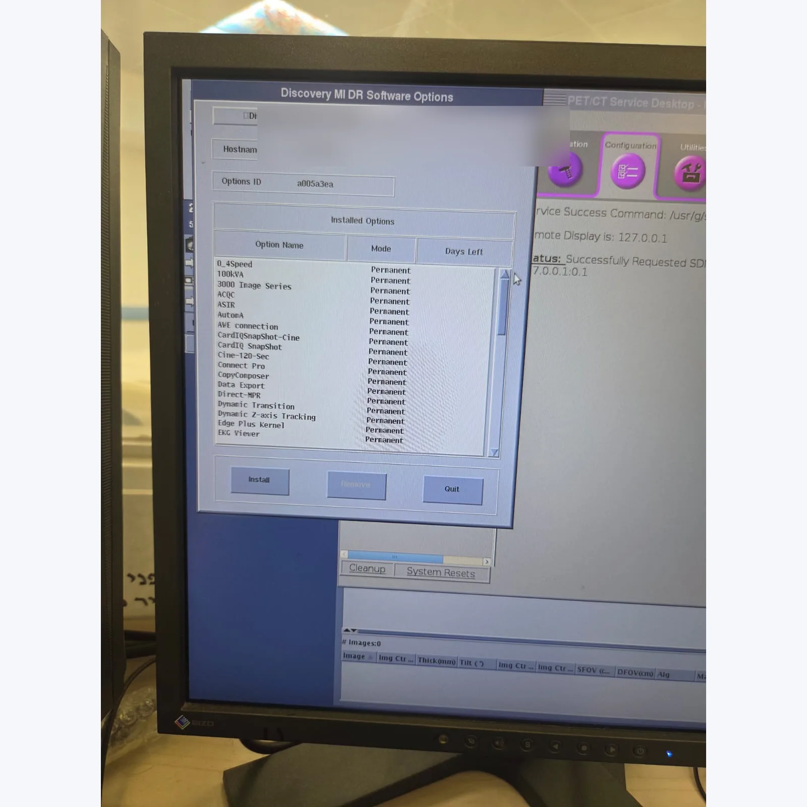 GE Discovery MI DR Installed Software Options screen — permanent licenses including 100 kVA, CardIQ SnapShot, Cine-120-Sec, Connect Pro and CT options