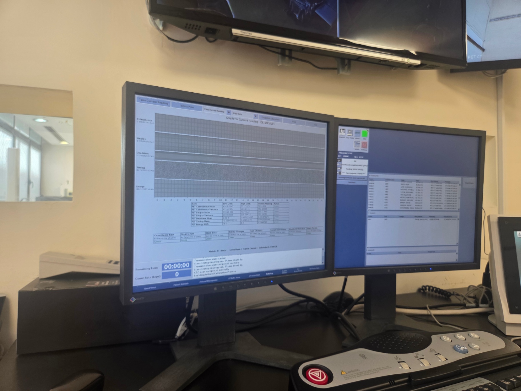GE Discovery 710 PET calibration complete — CTC scan completed normally, End Acquisition/Calibration process