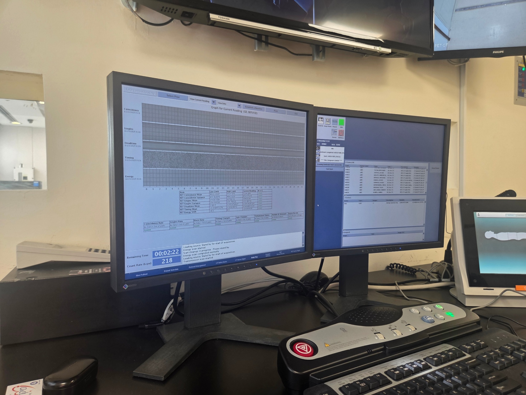 GE Discovery 710 PET calibration current reading graphs — Coincidence, Singles, Deadtime, Timing and Energy all within limits