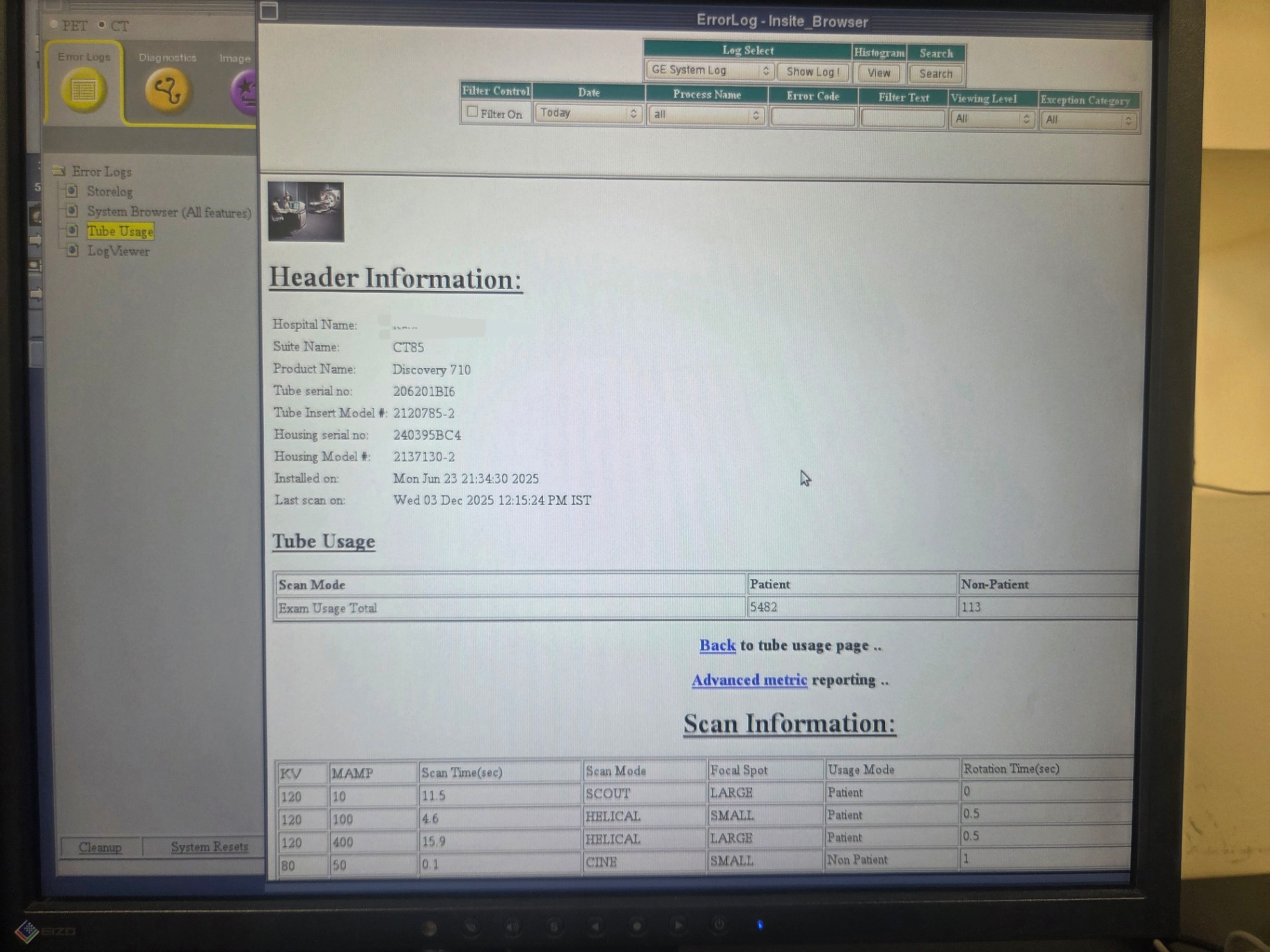 GE Discovery 710 Performix II tube usage report — installed June 23 2025, 5,482 patient exams