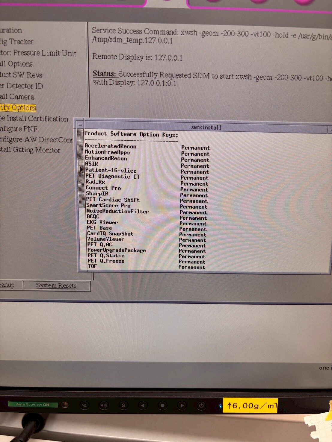 GE Discovery 710 installed software options including ASIR, SharpIR, PET Diagnostic CT, TOF and Cardiac