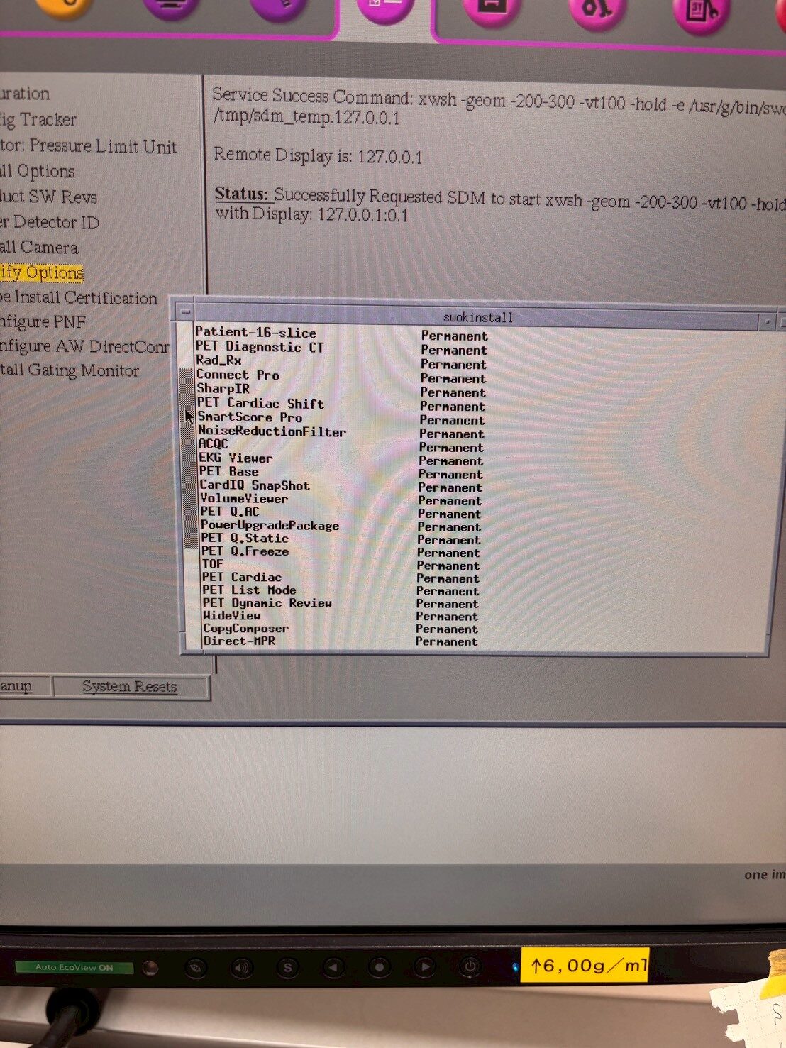 GE Discovery 710 installed software options including PET Cardiac, PET List Mode, PET Dynamic Review and WideView