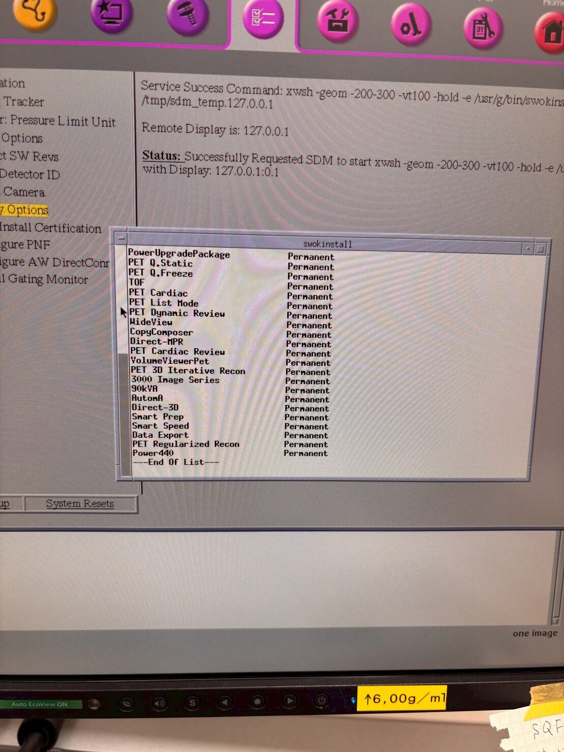 GE Discovery 710 installed software options including PET 3D Iterative Recon, PET Regularized Recon and Power440