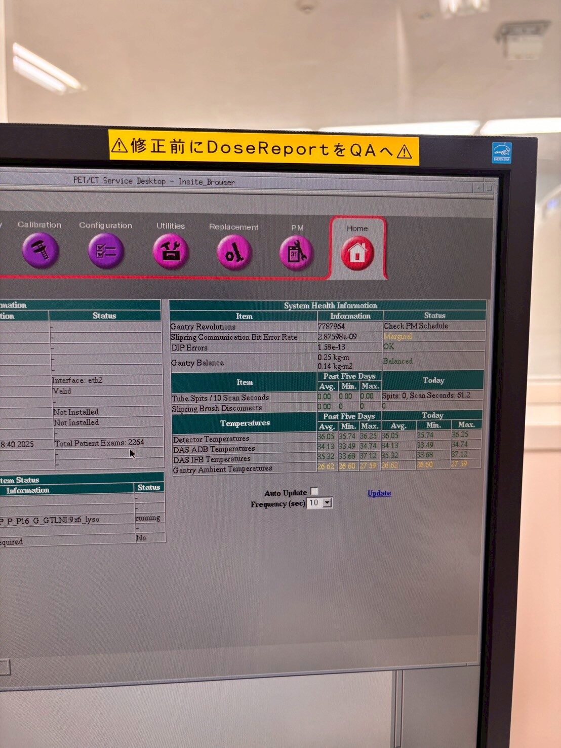 GE Discovery 710 system health information with gantry revolutions, tube spits and detector temperatures